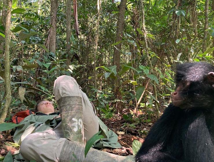 femme allongée avec un gorille assis à côté